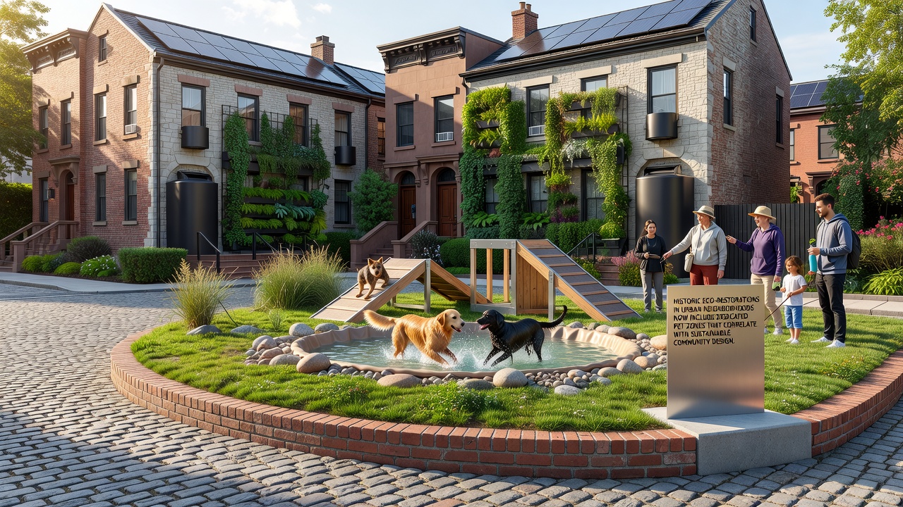 Mid-article view of a pet zone within an urban eco-restoration showing owners and dogs interacting amid restored native vegetation and wellness tracking stations