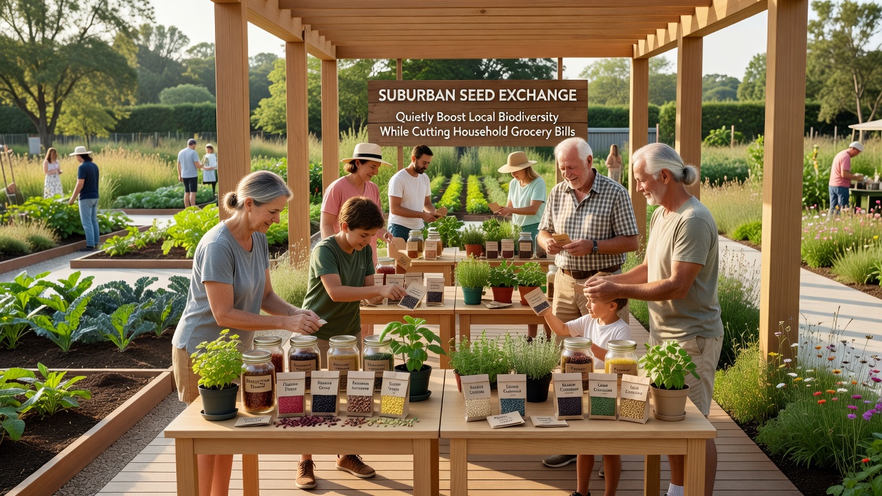 Rows of raised garden beds in a suburban backyard showing diverse vegetables grown from exchanged seeds with labels for tomatoes, beans, and herbs